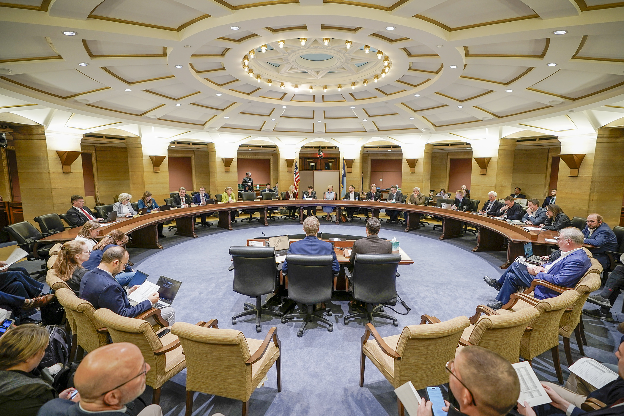The House and Senate Capital Investment committees listen May 17 as nonpartisan staff walk through the 2026 capital investment spreadsheet. (Photo by Andrew VonBank)